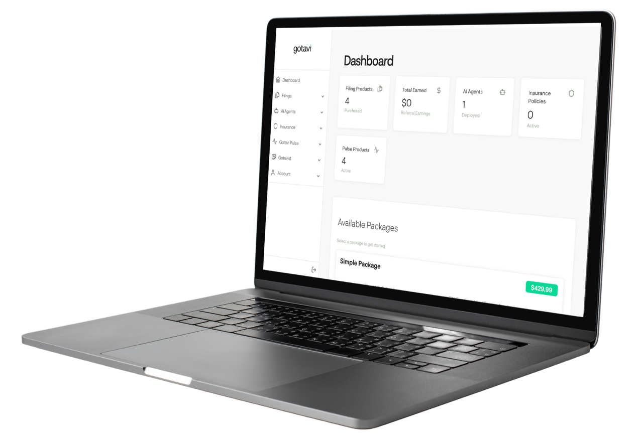 Gotavi digital command center showcasing business formation and compliance dashboard